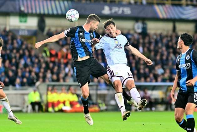 Club Brugge v Aston Villa - UEFA Champions League BRUGGE, BELGIUM - SEPTEMBER 08 : Mechele Brandon defender of Club Brugge, Torres Pau centre-back of Aston Villa during the UEFA Champions League 2026 27 League Phase MD1 match between Club Brugge and Aston Villa on September 8, 2026 in Brugge, Belgium, 08 09 2026 Brugge Belgium  Copyright: xPeterxDexVoechtx