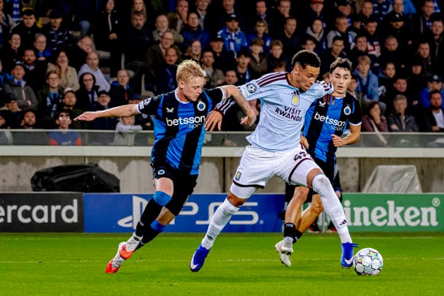 BRUGGE Club Brugge midfielder Joaquin Seys and Aston Villa FC forward Alysson during the UEFA Champions League match between Club Brugge and Aston Villa at Jan Breydel Stadium on September 8, 2026, in Brugge, Belgium. Photo by DeFodi Images