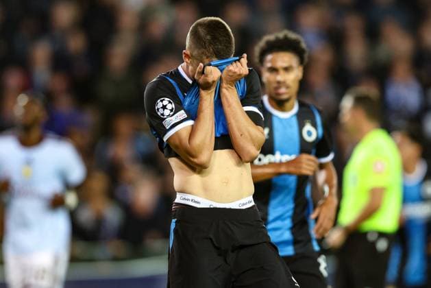 Club s Nicolo Tresoldi reacts during a soccer game between Belgian soccer team Club Brugge KV and English Aston Villa FC, on Tuesday 8 September 2026 in Brugge, on the first game of the UEFA Champions League league phase. BRUNOxFAHY  x185684938x