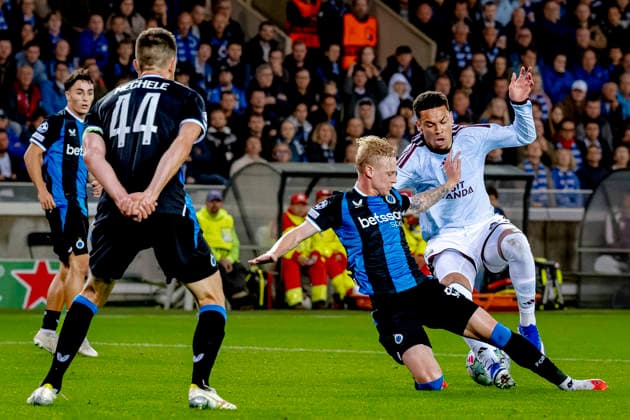 BRUGGE Club Brugge midfielder Joaquin Seys and Aston Villa FC forward Alysson during the UEFA Champions League match between Club Brugge and Aston Villa at Jan Breydel Stadium on September 8, 2026, in Bruges, Belgium. Photo by DeFodi Images