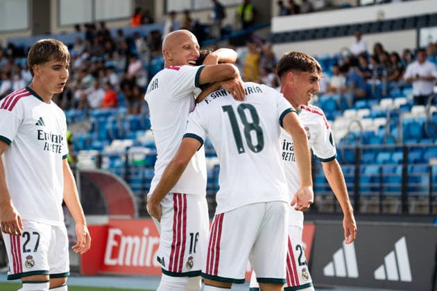 ESP UEFA Youth League: Real Madrid vs. Inter Milan. Fran Santamaria of Real Madrid scores a goal and celebrates during the UEFA Youth League match between Real Madrid and Inter Milan, played at the Di Stefano Stadium in Valdebebas, Madrid, on September 8, 2026, in Madrid, Spain. Soccer Copyright: xAgenciaxLOFx