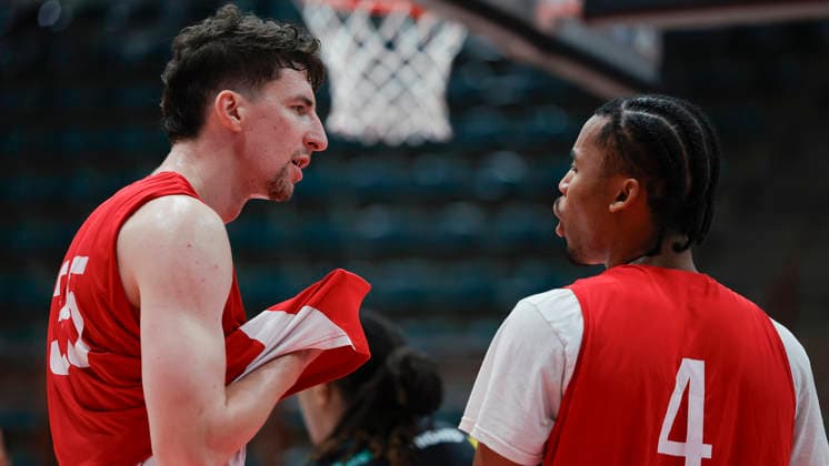 Pictured from left: Alen Pjanic of the Würzburg Baskets, 35, and Sam Griffin of the Würzburg Baskets, 4, are talking on September 8, 2026, Fitness First Würzburg Baskets vs. Kreisbau Kirchheim Knights, exhibition game, Germany, 97072, tectake Arena Würzburg, Copyright: HMBxMedia xJulienxBecker