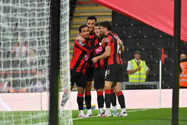 Bournemouth v Lincoln City, EFL Cup Goal 1-0 - Ryan Christie (10) of AFC Bournemouth celebrates scoring the opening goal during the EFL Cup match between Bournemouth and Lincoln City at the Vitality Stadium, Bournemouth, UK on 8 September 2026. Bournemouth Vitality Stadium Dorset UK Editorial use only DataCo restrictions apply See www.football-dataco.com , Copyright: xGrahamxHuntx PSI-24849-0031