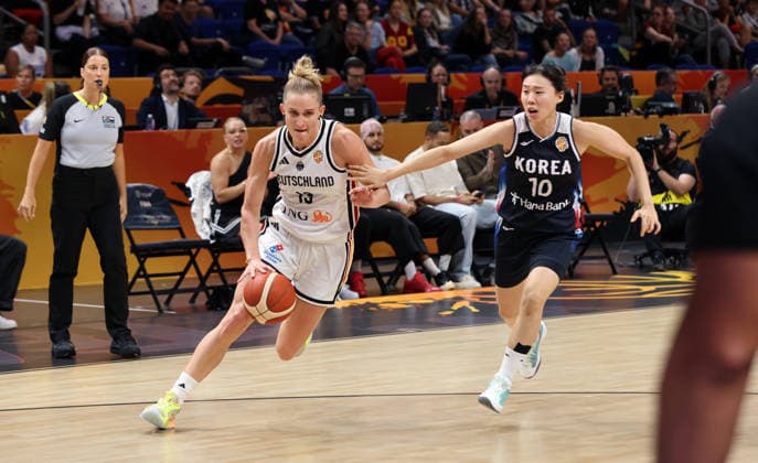 Leonie Fiebich with the ball, Yoolim Kang, matchup, game action, sports, basketball, FIBA World Cup, Women s World Championship, 2026–2027 season, August 9, 2026, DBB, Germany (GER) vs. South Korea (KOR)