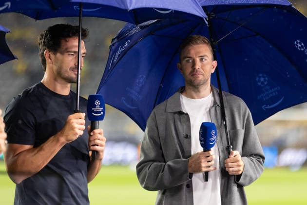 Dortmund, Germany, September 8, 2026; 2026–2027 UEFA Champions League Group Stage Match 1: Borussia Dortmund vs. FC Villarreal; Pictured, from left: Mats Hummels and Christoph Kramer; TV analysts; Signal Iduna Park, North Rhine-Westphalia Copyright: xFotostandx xZeisingx