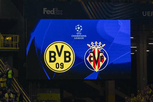 Dortmund, Germany, September 8, 2026; 2026–2027 UEFA Champions League Group Stage Match 1: Borussia Dortmund vs. FC Villarreal; Pictured: Scoreboard and video screen displaying the official matchup between Borussia Dortmund and FC Villarreal at Signal Iduna Park, North Rhine-Westphalia Copyright: xFotostandx xZeisingx
