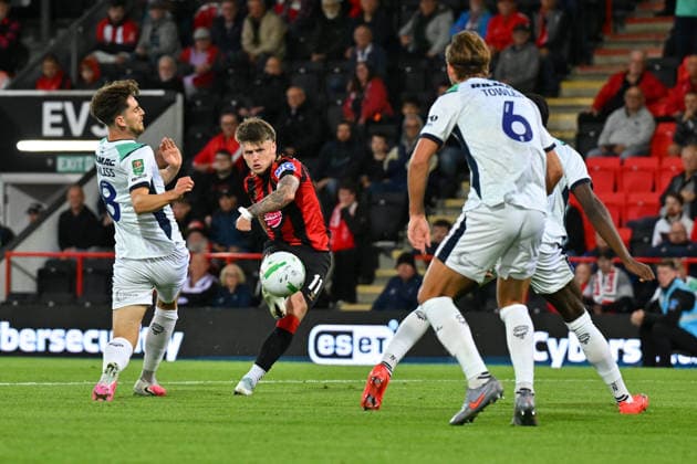 Bournemouth v Lincoln City, EFL Cup Ben Gannon-Doak (11) of AFC Bournemouth shoots at goal during the EFL Cup match between Bournemouth and Lincoln City at the Vitality Stadium, Bournemouth, UK on 8 September 2026. Bournemouth Vitality Stadium Dorset UK Editorial use only DataCo restrictions apply See www.football-dataco.com , Copyright: xGrahamxHuntx PSI-24849-0035