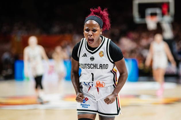 FIBA Women’s Basketball World Cup 2026: Germany vs. South Korea, September 8, 2026; Alexis Peterson (Germany), 1, cheering, CHEERING, shouting, calling out Basketball, FIBA Women’s Basketball World Cup 2026, Final Round, Qualifier for the Quarterfinals: Germany vs. South Korea on September 8, 2026, at the Uber Arena, Berlin Copyright: xBEAUTIFULxSPORTS Tonhäuserx