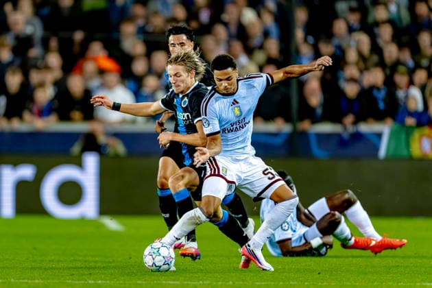BRUGGE Club Brugge forward Romeo Vermant and Aston Villa FC midfielder George Hemmings during the UEFA Champions League match between Club Brugge and Aston Villa at Jan Breydel Stadium on September 8, 2026, in Brugge, Belgium. Photo by DeFodi Images