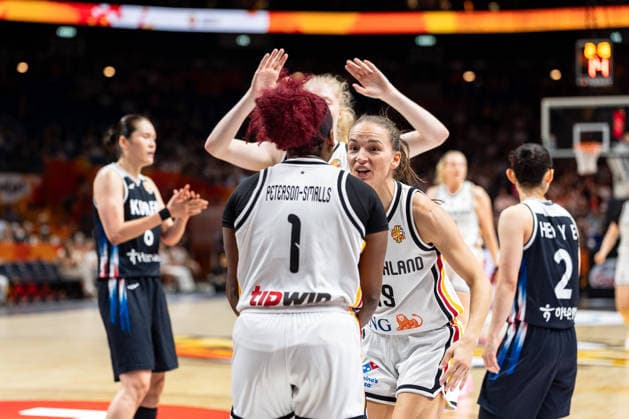 Alexis Peterson (Germany), 01, celebrates with Britta Daub (Germany), 19, GER, Germany vs. Korea, Basketball, 2026 FIBA Women’s World Cup, Quarterfinal Qualifier, September 8, 2026, GER, Germany vs. Korea, Basketball, 2026 FIBA Women’s World Cup, Qualification for the quarterfinals, September 8, 2026, Berlin Copyright: xEibner-Pressefoto MaxxVincenx EP_MVN