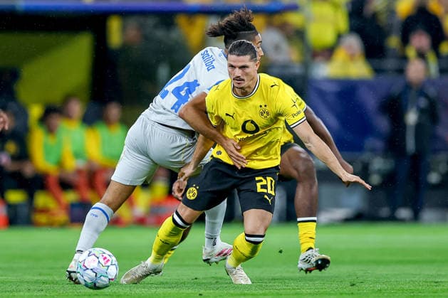 September 8, 2026, Soccer, UEFA Champions League, Borussia Dortmund vs. Villarreal CF, Champions League Matchday 1, Signal Iduna Park, 2026–27 Season: Nathan Saliba (Villarreal CF 24) in a tackle against Marcel Sabitzer (BVB 20). DFB regulations prohibit any use of photographs as image sequences and or quasi-video. North Rhine-Westphalia, Germany