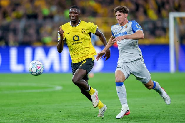September 8, 2026, Soccer, UEFA Champions League, Borussia Dortmund vs. Villarreal CF, Champions League Matchday 1, Signal Iduna Park, 2026–27 Season: Serhou Guirassy (BVB 09) in a tackle against Pau Navarro (Villarreal CF 06). DFB regulations prohibit any use of photographs as image sequences and or quasi-video. North Rhine-Westphalia, Germany
