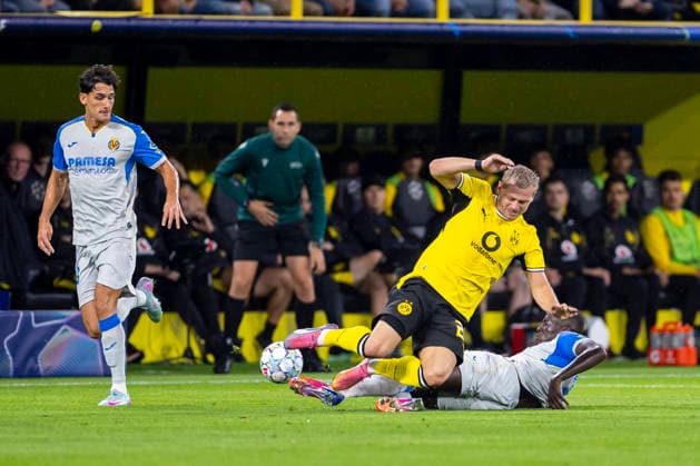 September 8, 2026, Soccer, Matchday 1 of the UEFA Champions League, Borussia Dortmund vs. Villarreal FC (Sergi Cardona, Villarreal FC; Julian Ryerson, Borussia Dortmund; Pape Gueye, Villarreal FC), Dortmund, Signal Iduna Park, North Rhine-Westphalia, Germany, xRHR PHOTO DEx Copyright: DennisxEwert RHR-FOTOx RHR-FOTO DE