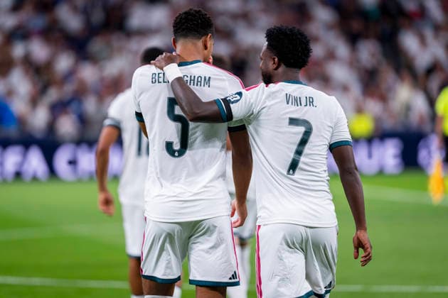 Real Madrid C.F. v FC Internazionale Milano - UEFA Champions League 2026 27 League Phase MD1 MADRID, SPAIN - SEPTEMBER 8: Players of Real Madrid CF (from L to R) Jude Bellingham, Vinicius Junior are seen prior to the UEFA Champions League 2026 27 League Phase MD1 match between Real Madrid C.F. and FC Internazionale Milano at Estadio Santiago Bernabeu on September 8, 2026 in Madrid, Spain. Madrid Estadio Bernabeu Madrid Spain Copyright: xAlbertoxGardinx AGardin_20260908_Foot_Cha_Rea_Mad_Inter_0148