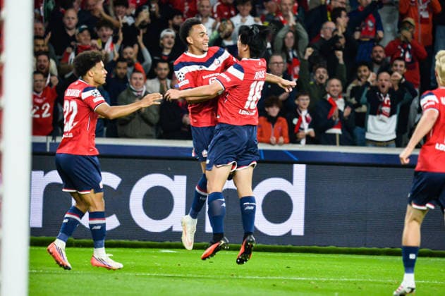FOOTBALL : Lille OSC vs Real Betis Balompie - Ligue des Champions - Phase de Ligue - JournÃ e 1 - 08 09 2026 Joie des joueurs du LOSC aprÃ s le but de Ayase Ueda (Lille OSC) Villeneuve d AsqcFrance  Copyright: xBaptistexAutissierx