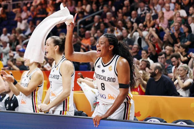 Clara Bielefeld, Nyara Sabally celebrate joy emotion celebration sports basketball FIBA World Cup Women s World Championship 2026 season 2027 August 9, 2026 DBB Germany GER vs. South Korea KOR