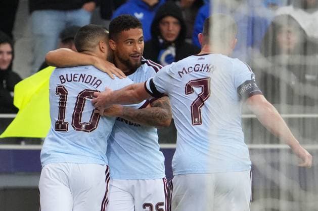 Emiliano Buendia of Aston Villa is congratulated after he makes it 2-1 Club Brugge v Aston Villa, UEFA Champions League, League Stage, Football, Jan Breydel Stadium, Brugge, Belgium - 08 Sep 2026Brugge Jan Breydel Stadium Belgium  Copyright: xDavexWInter Shutterstockx 17139355bx