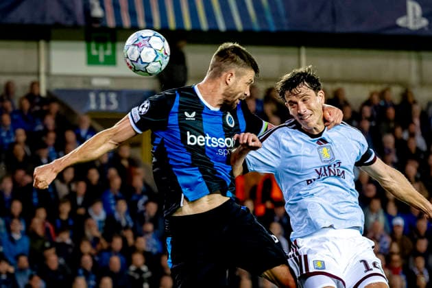 BRUGGE Club Brugge defender Brandon Mechele and Aston Villa FC defender Pau Torres during the UEFA Champions League match between Club Brugge and Aston Villa at Jan Breydel Stadium on September 8, 2026, in Brugge, Belgium. Photo by DeFodi Images