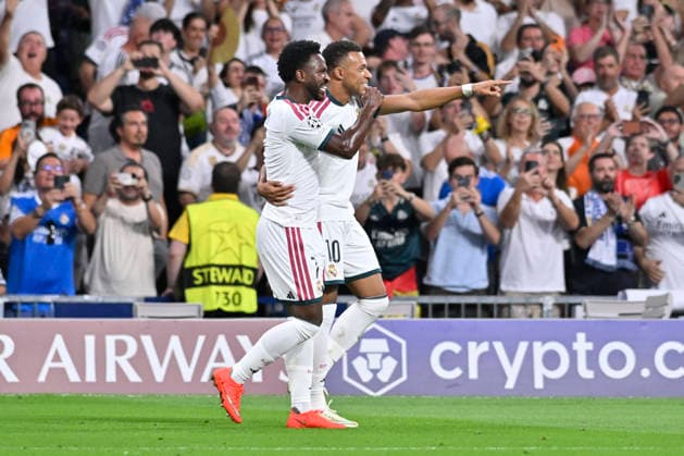 September 8, 2026, Madrid, Madrid, Spain: 10 KYLIAN MBAPPE of Real Madrid CF and 7 VINICIUS JUNIOR of Real Madrid CF celebrates a goal during the match on Matchday 1 of the group stage of the 2026 27 UEFA Champions League between REAL MADRID C.F. and F.C. INTERNAZIONALE MILANO, played at the Bernabo u Stadium on September 8, 2026, in Madrid, Spain. Madrid Spain - ZUMAc312 20260908_zsp_c312_314 Copyright: xOscarxManuelxSanchezx