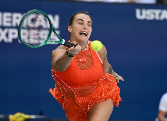 Aryna Sabalenka returns a volley against Linda Noskova in Arthur Ashe Stadium during the 2026 US Open Tennis Championship at the USTA Billie Jean King National Tennis Center in New York City on Tuesday, September 8, 2026.  NYP202609085011 LARRYxMARANO