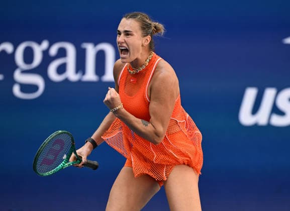 Aryna Sabalenka reacts during the match against Linda Noskova in Arthur Ashe Stadium during the 2026 US Open Tennis Championship at the USTA Billie Jean King National Tennis Center in New York City on Tuesday, September 8, 2026.  NYP20260908508 LARRYxMARANO