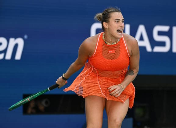 Aryna Sabalenka reacts during the match against Linda Noskova in Arthur Ashe Stadium during the 2026 US Open Tennis Championship at the USTA Billie Jean King National Tennis Center in New York City on Tuesday, September 8, 2026.  NYP20260908512 LARRYxMARANO