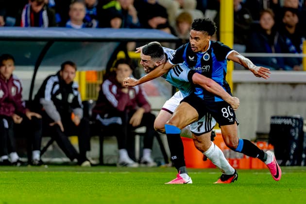 BRUGGE Aston Villa FC midfielder John McGinn and Club Brugge midfielder Felix Lemarechal during the UEFA Champions League match between Club Brugge and Aston Villa at Jan Breydel Stadium on September 8, 2026, in Brugge, Belgium. Photo by DeFodi Images