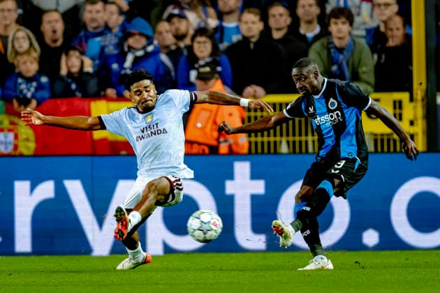 BRUGGE Aston Villa FC defender Ian Maatsen and Club Brugge forward Carlos Forbs during the UEFA Champions League match between Club Brugge and Aston Villa at Jan Breydel Stadium on September 8, 2026, in Brugge, Belgium. Photo by DeFodi Images