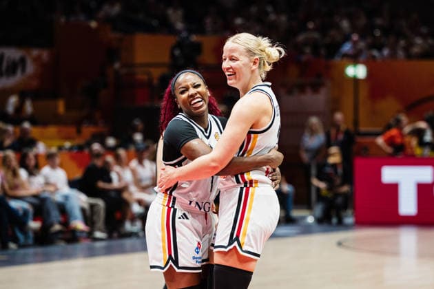 FIBA Women’s Basketball World Cup 2026: Germany vs. South Korea, September 8, 2026—Alexis Peterson (Germany, No. 1) and Emma Eichmeyer (Germany, No. 9) celebrate; CELEBRATION; Basketball; FIBA Women’s Basketball World Cup 2026; Final Round, Qualifier for the Quarterfinals: Germany vs. South Korea on September 8, 2026, at the Uber Arena, Berlin Copyright: xBEAUTIFULxSPORTS Tonhäuserx