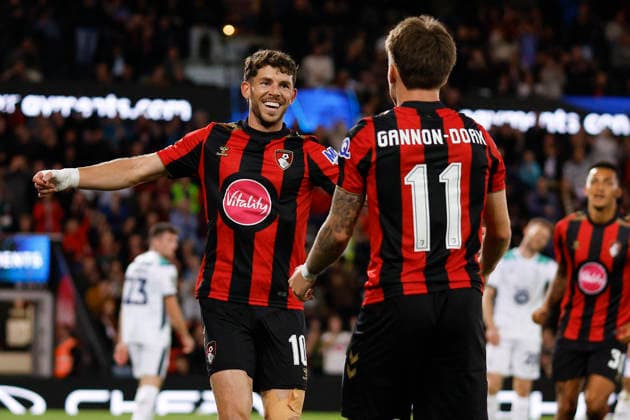 8th September 2026; Vitality Stadium, Bournemouth, England; Carabao Cup Football, Bournemouth versus Lincoln City; Ryan Christie of Bournemouth celebrates his goal with Ben Gannon-Doak of Bournemouth in the 7th minute HongboxChen