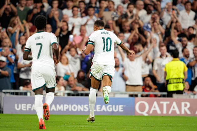 Kylian Mbappe seen celebrating after scoring goal during UEFA Champions League 2026 2027 league phase game between teams of Real Madrid CF and Internazionale Milano (Maciej Rogowski Ball Raw Images) Madrid Bernabeu Spain Copyright: xMaciejxRogowskix maciejrogowski_realmadridcf_internazionale_2627-26
