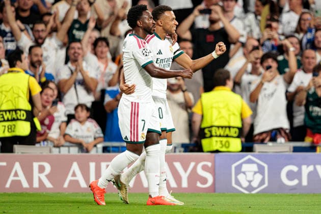 Vinicius Vini Junior and Kylian Mbappe seen celebrating after scoring goal during UEFA Champions League 2026 2027 league phase game between teams of Real Madrid CF and Internazionale Milano (Maciej Rogowski Ball Raw Images) Madrid Bernabeu Spain Copyright: xMaciejxRogowskix maciejrogowski_realmadridcf_internazionale_2627-28