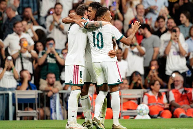 Federico Valverde, Jude Bellingham and Kylian Mbappe seen during UEFA Champions League 2026 2027 league phase game between teams of Real Madrid CF and Internazionale Milano (Maciej Rogowski Ball Raw Images) Madrid Bernabeu Spain Copyright: xMaciejxRogowskix maciejrogowski_realmadridcf_internazionale_2627-32