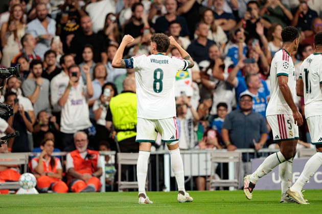 Federico Valverde seen celebrating after scoring goal during UEFA Champions League 2026 2027 league phase game between teams of Real Madrid CF and Internazionale Milano (Maciej Rogowski Ball Raw Images) Madrid Bernabeu Spain Copyright: xMaciejxRogowskix maciejrogowski_realmadridcf_internazionale_2627-35