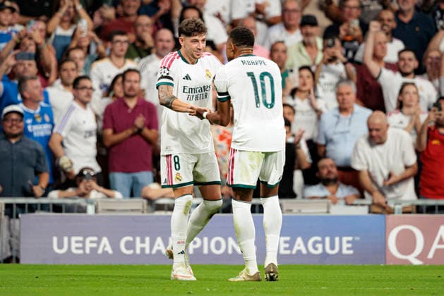 Federico Valverde and Kylian Mbappe seen celebrating after scoring goal during UEFA Champions League 2026 2027 league phase game between teams of Real Madrid CF and Internazionale Milano (Maciej Rogowski Ball Raw Images) Madrid Bernabeu Spain Copyright: xMaciejxRogowskix maciejrogowski_realmadridcf_internazionale_2627-36