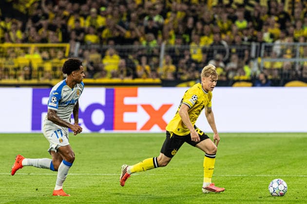 UEFA Champions League: Borussia Dortmund vs. Villarreal CF, September 8, 2026; Daniel Svensson (Borussia Dortmund, 24) and Tajon Buchanan (Villarreal CF, 17); UEFA Champions League opener: Borussia Dortmund vs. Villarreal CF at BVB Stadion Dortmund, Dortmund, September 8, 2026 Copyright: xBEAUTIFULxSPORTS Buriakovx