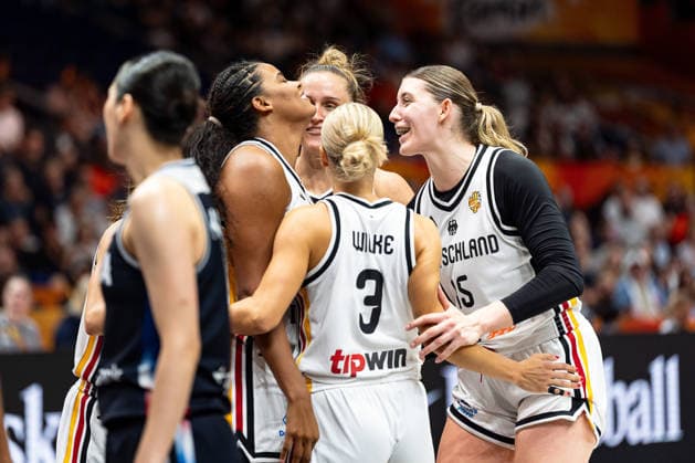 German team celebrates with Nyara Sabally, Germany, 08, Leonie Fiebich, Germany, 13, Alexandra Wilke, Germany, 03, and Luisa Geiselsoder, Germany, 15, GER, Germany vs. Korea, Basketball, 2026 FIBA Women’s World Cup, Quarterfinal Qualifier, September 8, 2026, GER, Germany vs. Korea, Basketball, 2026 FIBA Women’s World Cup, Qualification for the quarterfinals, September 8, 2026, Berlin Copyright: xEibner-Pressefoto MaxxVincenx EP_MVN