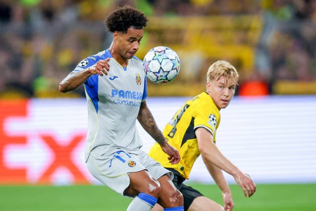 September 8, 2026, Soccer, UEFA Champions League, Borussia Dortmund vs. Villarreal CF, Champions League Matchday 1, Signal Iduna Park, 2026–27 Season: Tajon Buchanan (Villarreal CF, No. 17) in a tackle against Daniel Svensson (BVB, No. 24). DFB regulations prohibit any use of photographs as image sequences and or quasi-video. North Rhine-Westphalia, Germany