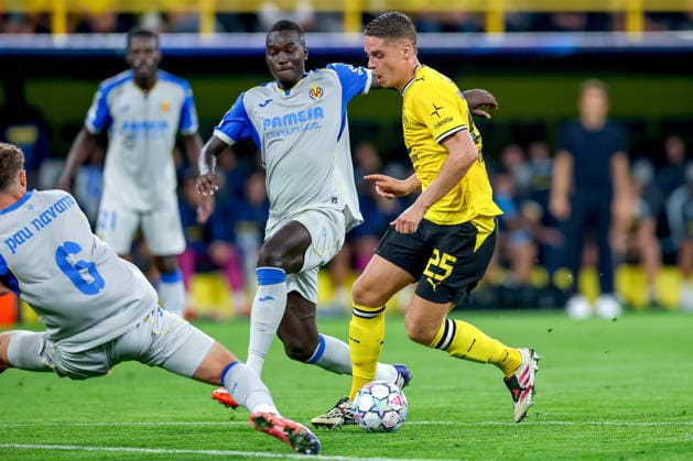 September 8, 2026, Soccer, UEFA Champions League, Borussia Dortmund vs. Villarreal CF, Champions League Matchday 1, Signal Iduna Park, 2026–27 Season: Pape Gueye (Villarreal CF, No. 18) in a tackle against Joey Veerman (BVB, No. 25). DFB regulations prohibit any use of photographs as image sequences and or quasi-video. North Rhine-Westphalia, Germany
