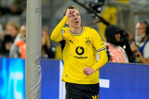 Maximilian Beier of Borussia Dortmund celebrates after scoring the 1-0 goal during the 2026-2027 UEFA Champions League match between Borussia Dortmund and Villarreal at BVB Stadion Dortmund on September 8, 2026, in Dortmund, Germany. Photo by Alex Gottschalk, DeFodi Images