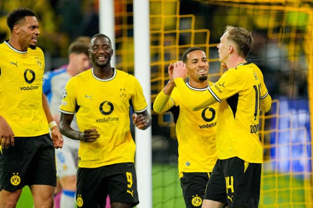 Maximilian Beier, Borussia Dortmund; Ethan Nwaneri, Borussia Dortmund; Serhou Guirassy of Borussia Dortmund and Felix Nmecha of Borussia Dortmund celebrate after scoring the 1-0 goal during the 2026-2027 UEFA Champions League match between Borussia Dortmund and Villarreal at BVB Stadion Dortmund on September 8, 2026, in Dortmund, Germany. Photo by Alex Gottschalk, DeFodi Images