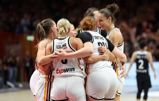 Germany s players celebrate after winning a basketball game between Germany and South Korea, game 3 of the group phase at the FIBA Women s Basketball World Cup, on Tuesday 8 September 2026, in Berlin, Germany. The FIBA Women s Basketball World Cup takes place in Berlin from 4 to 23 September 2026. VIRGINIExLEFOUR  x185693072x