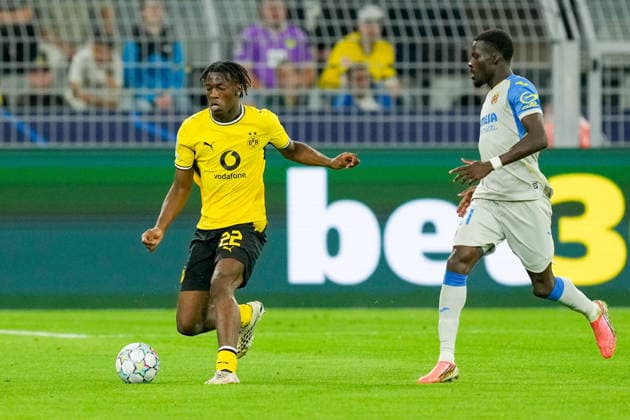 Joane Gadou of Borussia Dortmund controls the ball during the 2026–2027 UEFA Champions League match between Borussia Dortmund and Villarreal at BVB Stadion Dortmund on September 8, 2026, in Dortmund, Germany. Photo by Alex Gottschalk, DeFodi Images