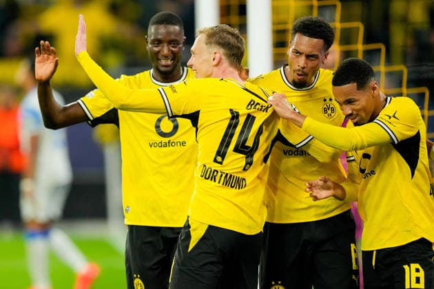 Maximilian Beier, Borussia Dortmund; Ethan Nwaneri, Borussia Dortmund; Serhou Guirassy of Borussia Dortmund and Felix Nmecha of Borussia Dortmund celebrate after scoring the 1-0 goal during the 2026-2027 UEFA Champions League match between Borussia Dortmund and Villarreal at BVB Stadion Dortmund on September 8, 2026, in Dortmund, Germany. Photo by Alex Gottschalk, DeFodi Images