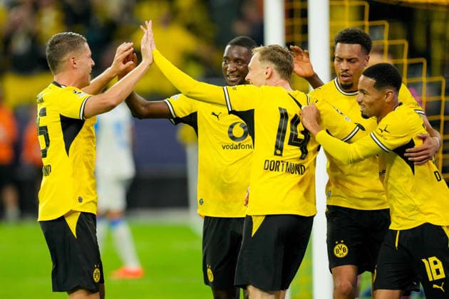 Maximilian Beier (Borussia Dortmund), Ethan Nwaneri (Borussia Dortmund), Serhou Guirassy (Borussia Dortmund), Felix Nmecha of Borussia Dortmund and Joey Veerman of Borussia Dortmund celebrate after scoring the 1–0 goal during the 2026–2027 UEFA Champions League match between Borussia Dortmund and Villarreal at BVB Stadion Dortmund on September 8, 2026, in Dortmund, Germany. Photo by Alex Gottschalk, DeFodi Images
