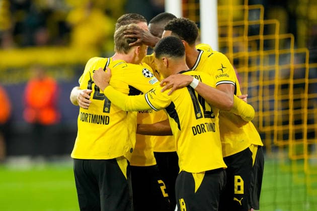 Maximilian Beier (Borussia Dortmund), Ethan Nwaneri (Borussia Dortmund), Serhou Guirassy (Borussia Dortmund), Felix Nmecha of Borussia Dortmund and Joey Veerman of Borussia Dortmund celebrate after scoring the 1–0 goal during the 2026–2027 UEFA Champions League match between Borussia Dortmund and Villarreal at BVB Stadion Dortmund on September 8, 2026, in Dortmund, Germany. Photo by Alex Gottschalk, DeFodi Images