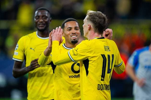 September 8, 2026 Soccer, 2026–2027, Champions League, Matchday 1, Borussia Dortmund vs. Villarreal CF, R Maximilian Beier (Dortmund) celebrates after scoring the 1–0 goal with L, M, Serhou Guirassy (Dortmund), and Ethan Nwaneri (Dortmund)