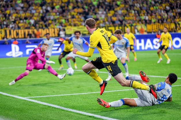 September 8, 2026, Soccer, UEFA Champions League, Borussia Dortmund vs. Villarreal CF, Champions League Matchday 1, Signal Iduna Park, 2026–27 season: Shot on goal; goal to make it 1–0 by Maximilian Beier (BVB); 14th minute: own goal by Renato Veiga (Villarreal CF); 12th minute. DFB regulations prohibit any use of photographs as image sequences and or quasi-video. North Rhine-Westphalia, Germany