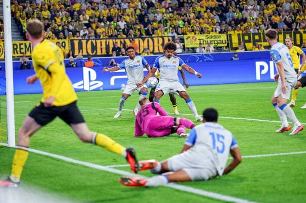 September 8, 2026, Soccer, UEFA Champions League, Borussia Dortmund vs. Villarreal CF, Champions League Matchday 1, Signal Iduna Park, 2026–27 season: Shot on goal; goal to make it 1–0 by Maximilian Beier (BVB); 14th minute: own goal by Renato Veiga (Villarreal CF); 12th minute. DFB regulations prohibit any use of photographs as image sequences and or quasi-video. North Rhine-Westphalia, Germany