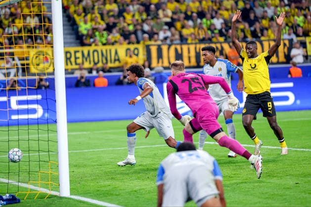 September 8, 2026, Soccer, UEFA Champions League, Borussia Dortmund vs. Villarreal CF, Champions League Matchday 1, Signal Iduna Park, 2026–27 season: Shot on goal; goal to make it 1–0 by Maximilian Beier (BVB); 14th minute: own goal by Renato Veiga (Villarreal CF); 12th minute. DFB regulations prohibit any use of photographs as image sequences and or quasi-video. North Rhine-Westphalia, Germany